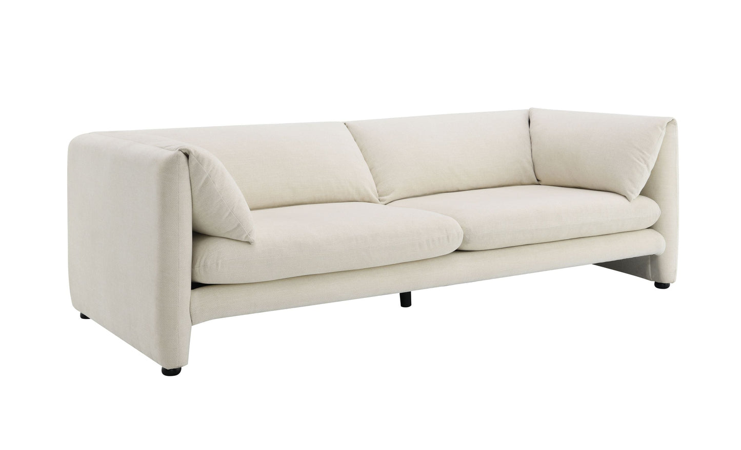 Jaeda Beige Boucle Sofa, beige boucle upholstery, modern low-profile arms and black legs on Tampa Home & Garden Store