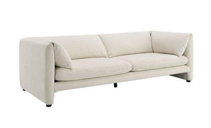 Jaeda Beige Boucle Sofa, beige boucle upholstery, modern low-profile arms and black legs on Tampa Home & Garden Store