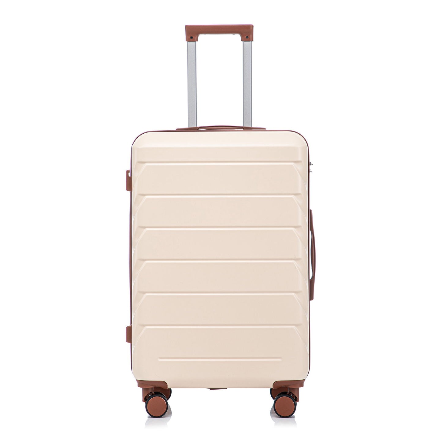 Beige hard-shell 28in spinner luggage with brown trim and extended handle on Tampa Home & Garden Store