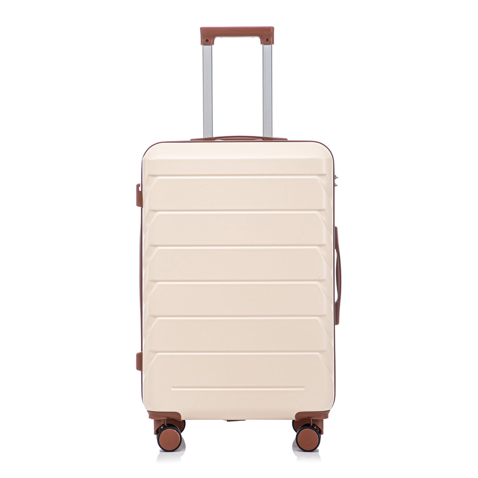 Beige hard-shell 28in spinner luggage with brown trim and extended handle on Tampa Home & Garden Store