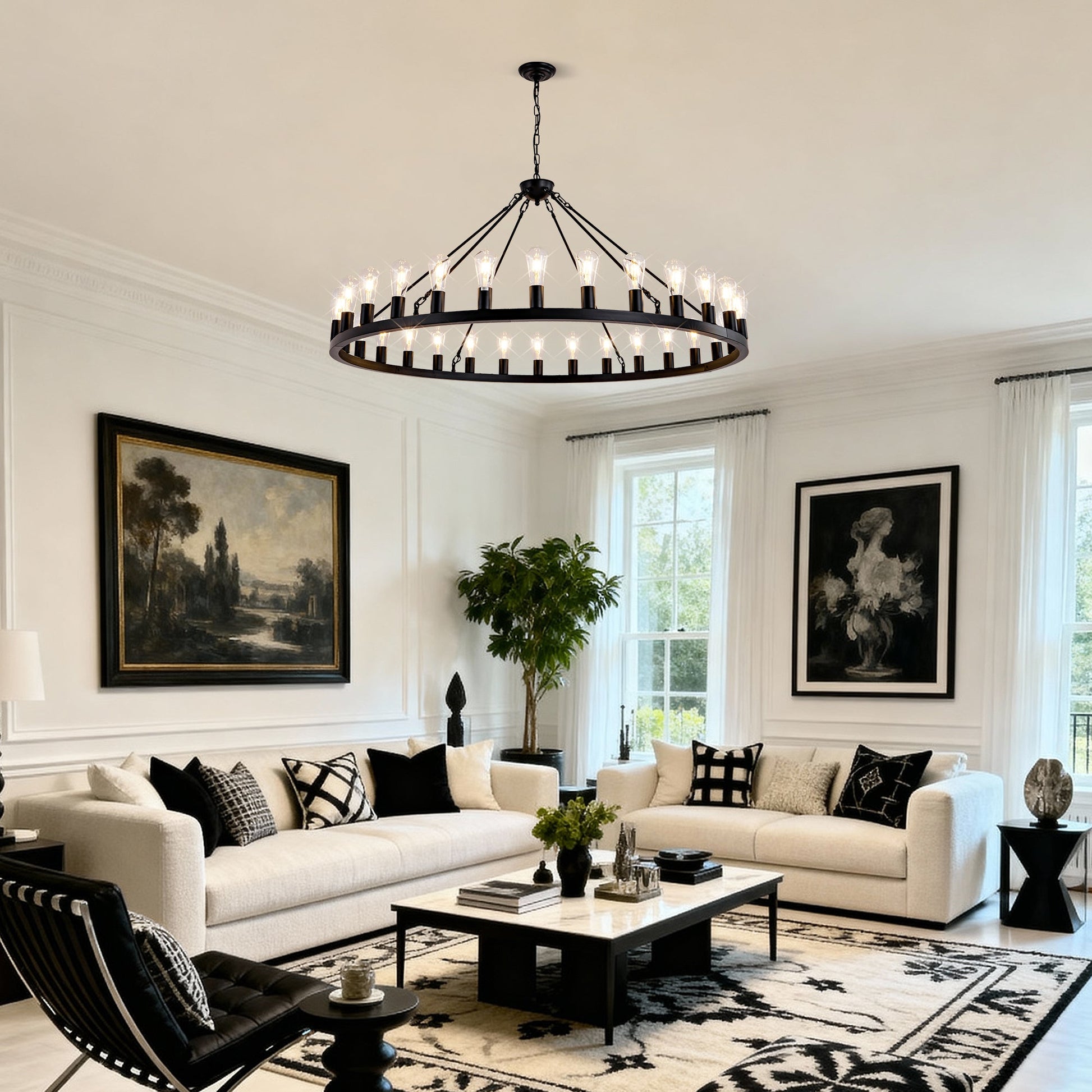 64 Inch Matte Black Wagon Wheel Chandelier with 30 Lights, circular iron frame on Tampa Home & Garden Store