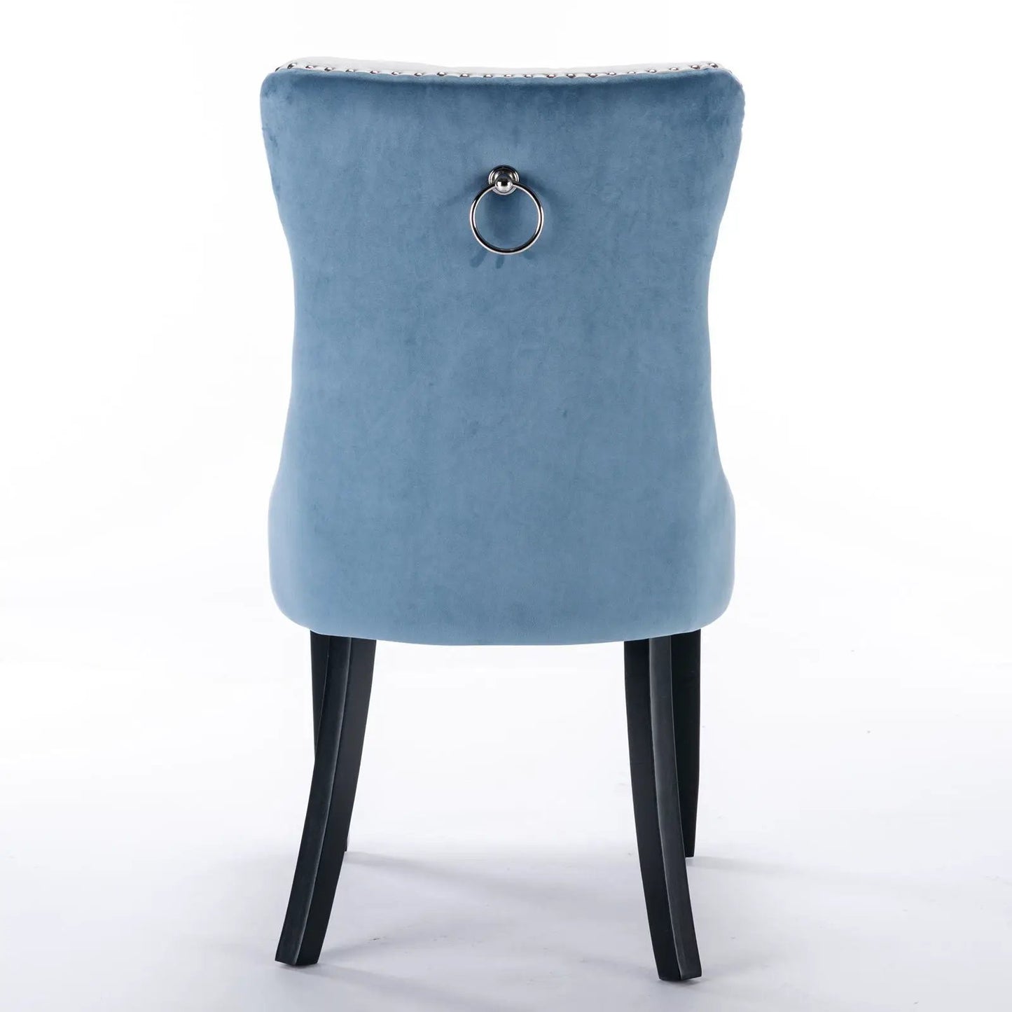 Nikki modern upholstered dining chair blue velvet with back ring pull and black legs on Tampa Home & Garden Store
