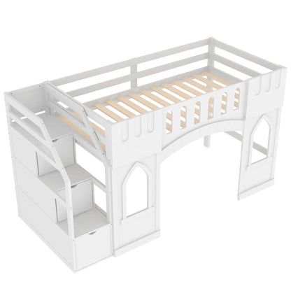 Loft Bed with Storage Staircase and Windows by HouseOfZazla, white wooden frame on Tampa Home & Garden Store