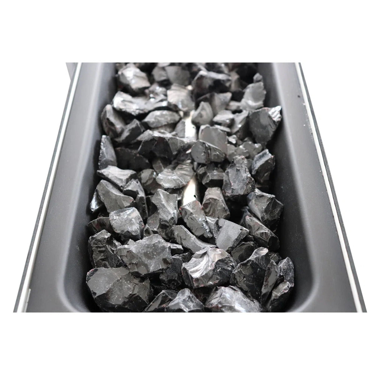 Rectangular Fire Pit With Frame Elegant Design with black lava rocks inside a metal frame on Tampa Home & Garden Store
