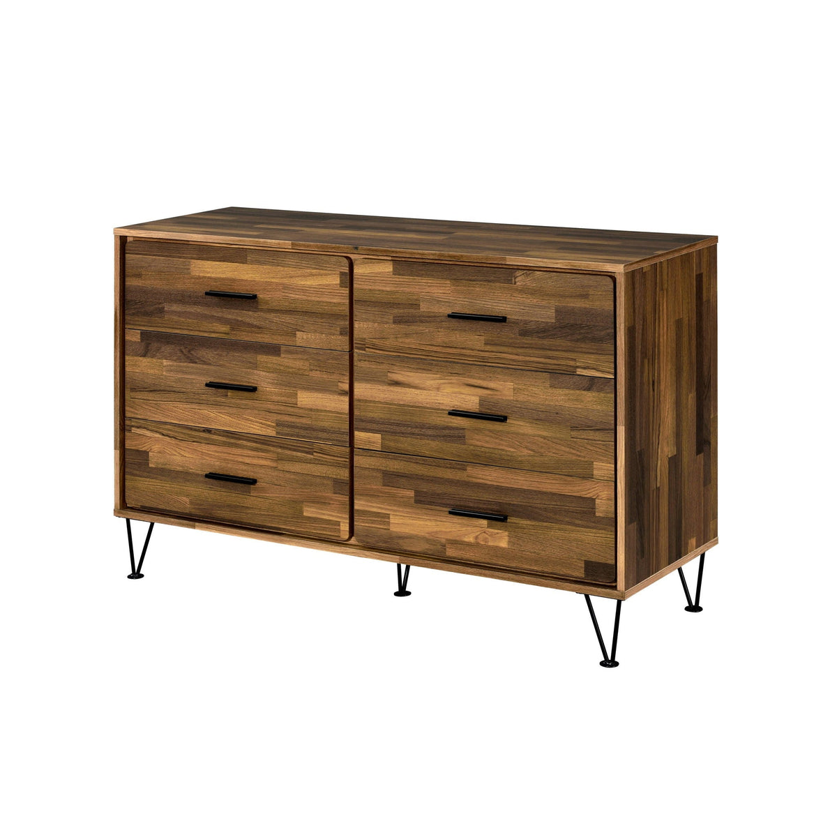 Hestia Dresser by HouseOfZazla, walnut with six smooth drawers and black hairpin legs on Tampa Home & Garden Store