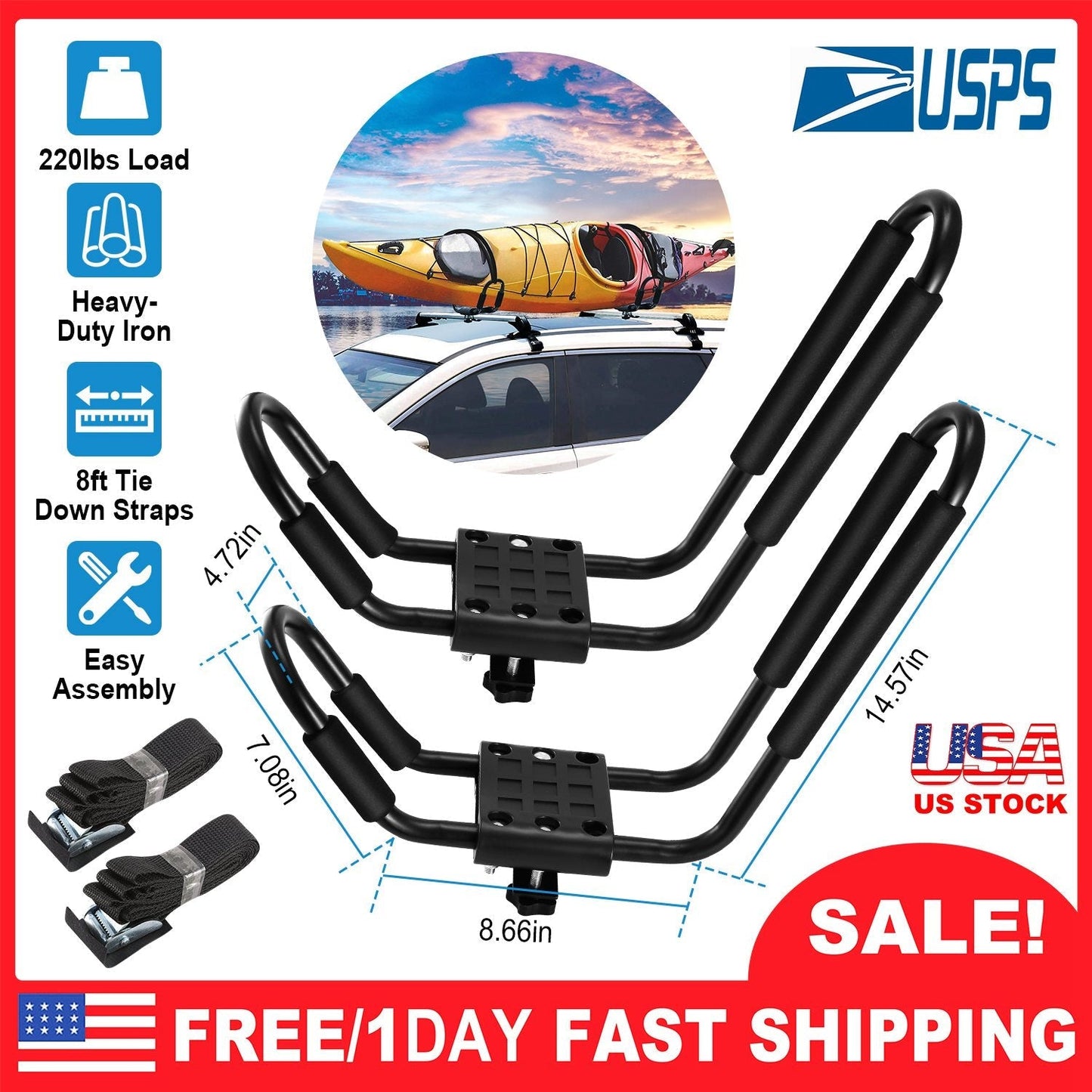 GemGear universal J-Bar kayak carrier pair, heavy iron, 220lb load, includes 2 straps on Tampa Home & Garden Store