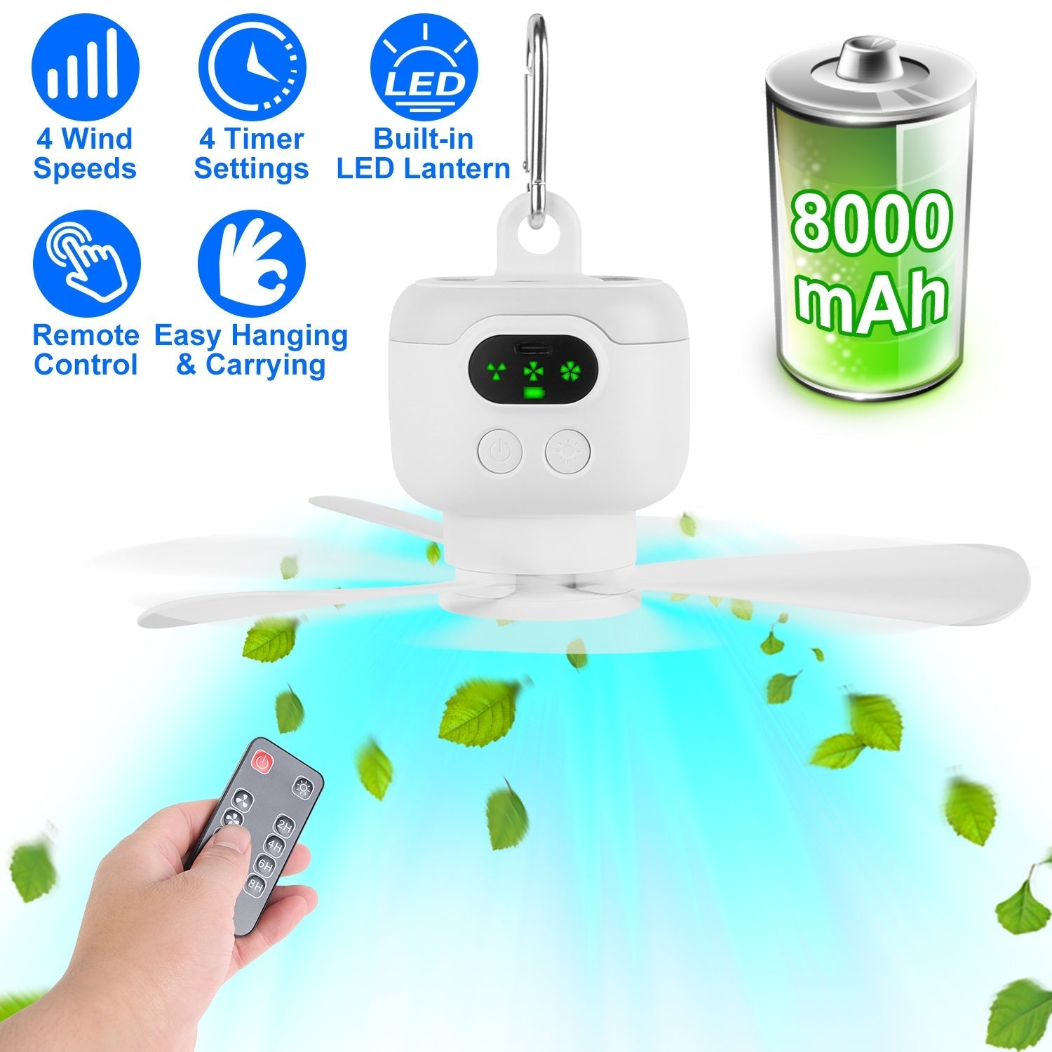 GemGear 2-in-1 camping fan with LED lantern, white body, 8000mAh, carabiner, 4 speeds on Tampa Home & Garden Store