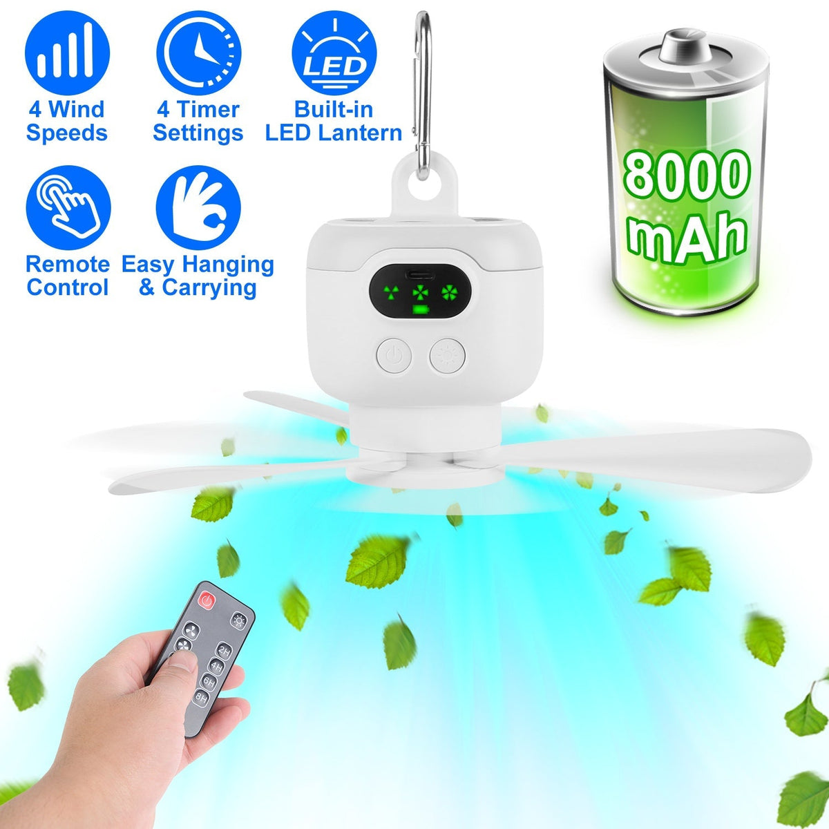 2-in-1 Portable Camping Fan with LED Lantern GemGear, white unit with carabiner, remote, 8000mAh battery on Tampa Home & Garden Store
