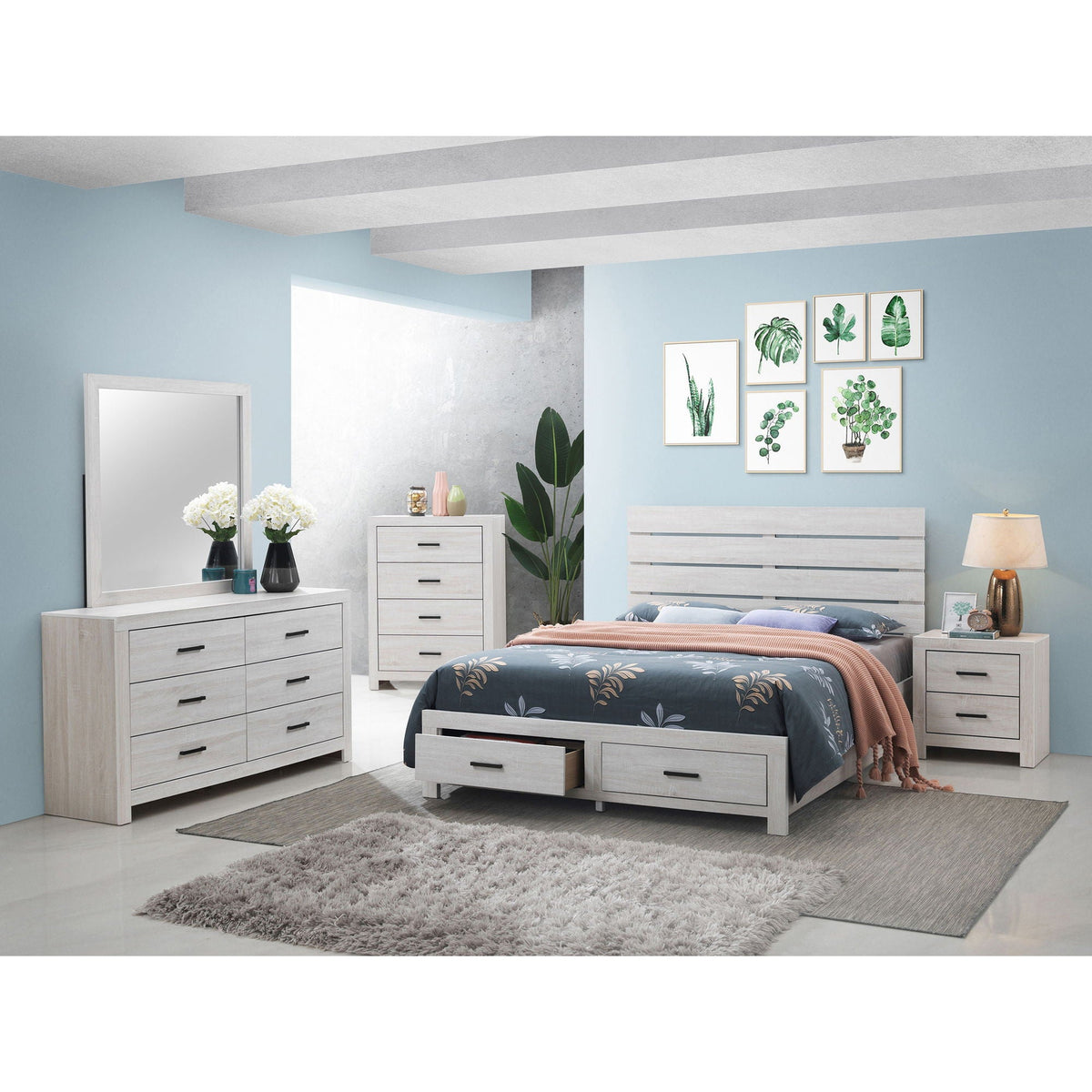 Geary Panel Bed by HouseOfZazla in light weathered wood with footboard drawers on Tampa Home & Garden Store