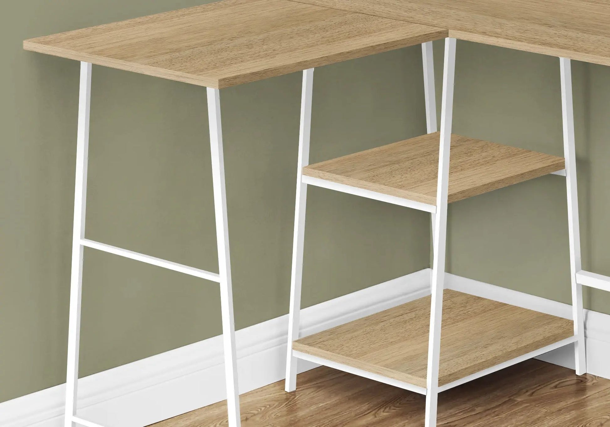 L-shaped computer desk with wood veneer top and white metal frame, storage shelves on Tampa Home & Garden Store