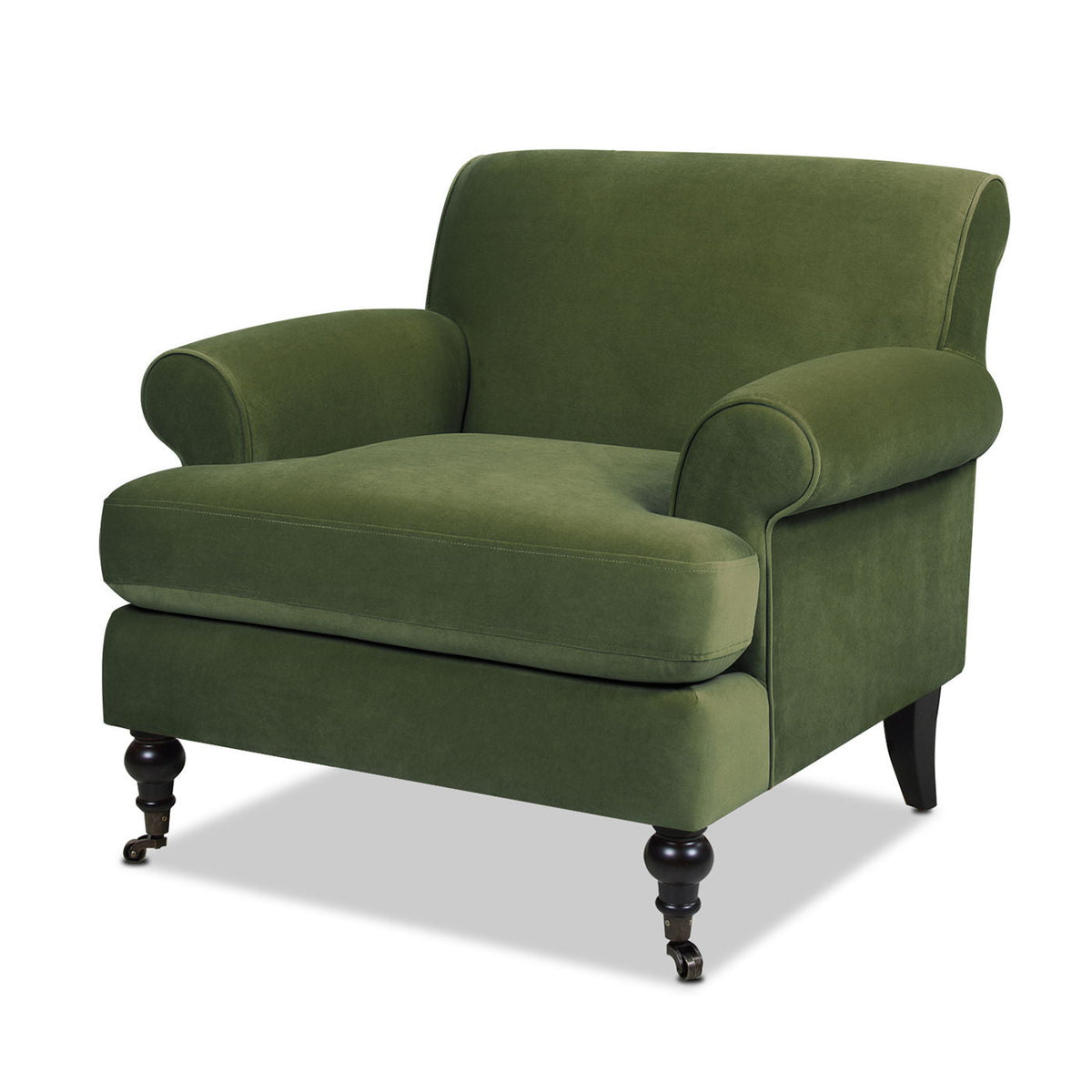 Accent Arm Chair in green velvet with casters and reversible cushions on Tampa Home & Garden Store