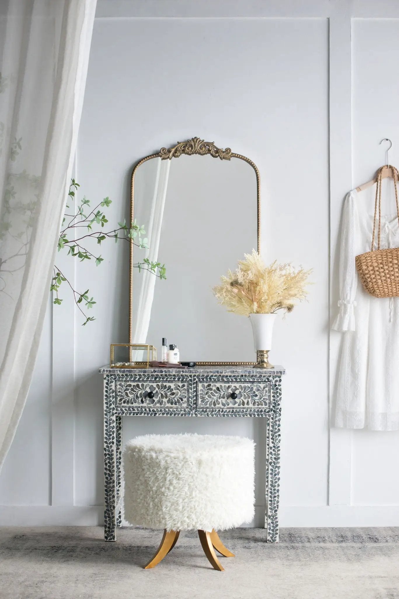 Arch Mirror with ornate gold Baroque frame by Unique Piece Furniture on blue mosaic console on Tampa Home & Garden Store