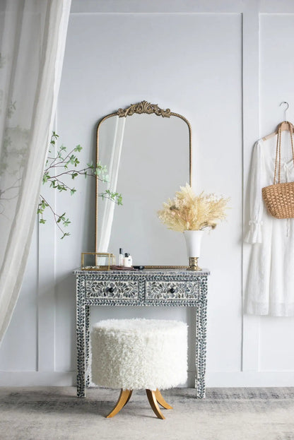 Arch Mirror with ornate gold Baroque frame by Unique Piece Furniture on blue mosaic console on Tampa Home & Garden Store