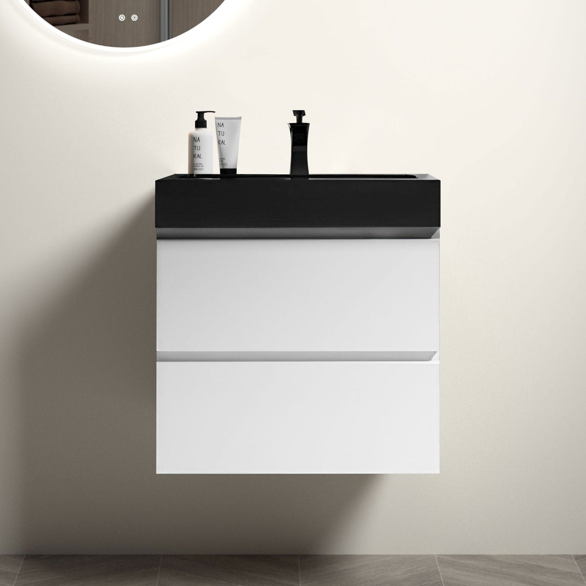 Modern Floating Bathroom Vanity with Large Storage, black top on white base on Tampa Home & Garden Store