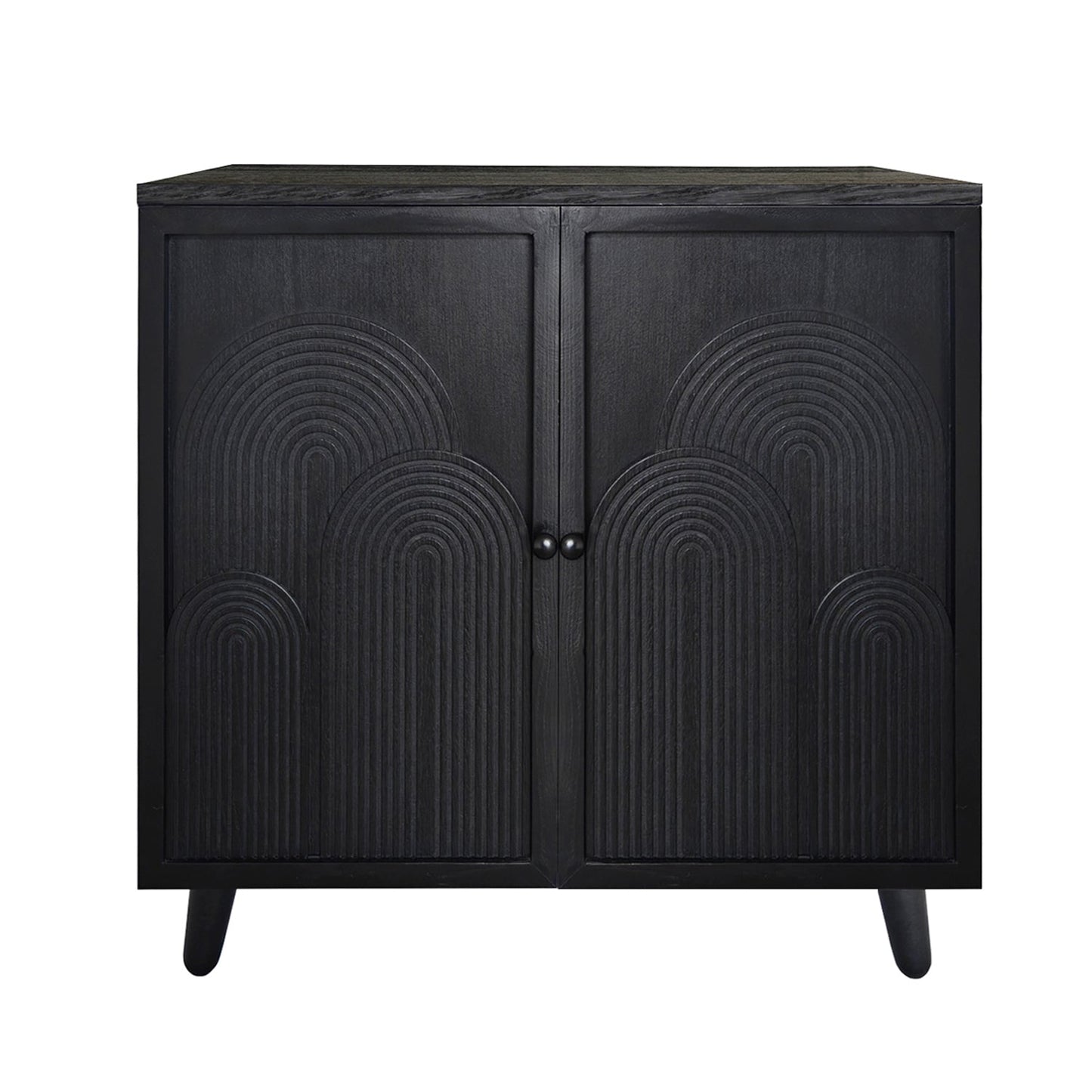 Modern black wood storage cabinet with embossed arched door panels, two doors on Tampa Home & Garden Store