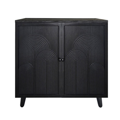 Modern black wood storage cabinet with embossed arched door panels, two doors on Tampa Home & Garden Store