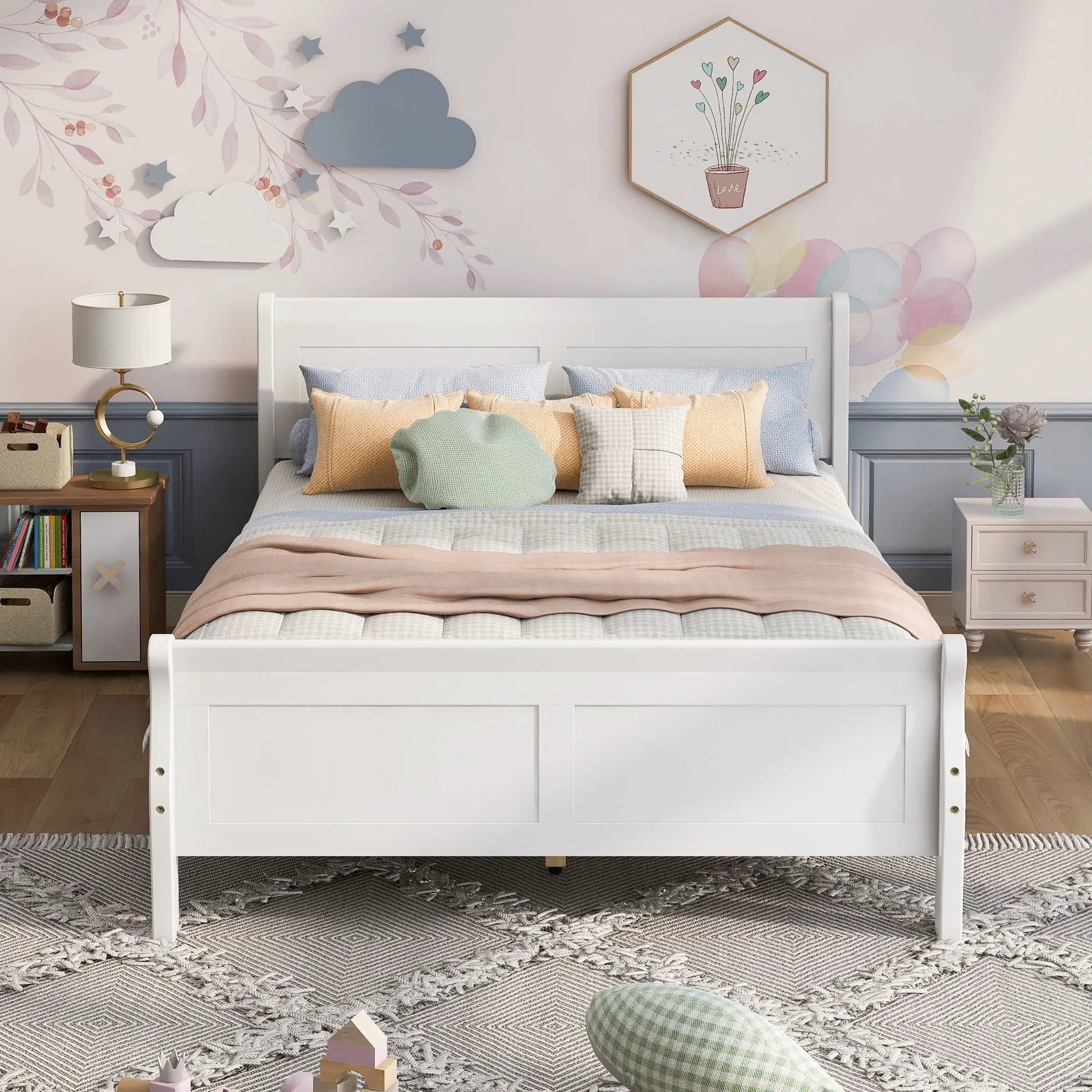 White platform bed frame with headboard and footboard, slat support by Unique Piece Furniture on Tampa Home & Garden Store