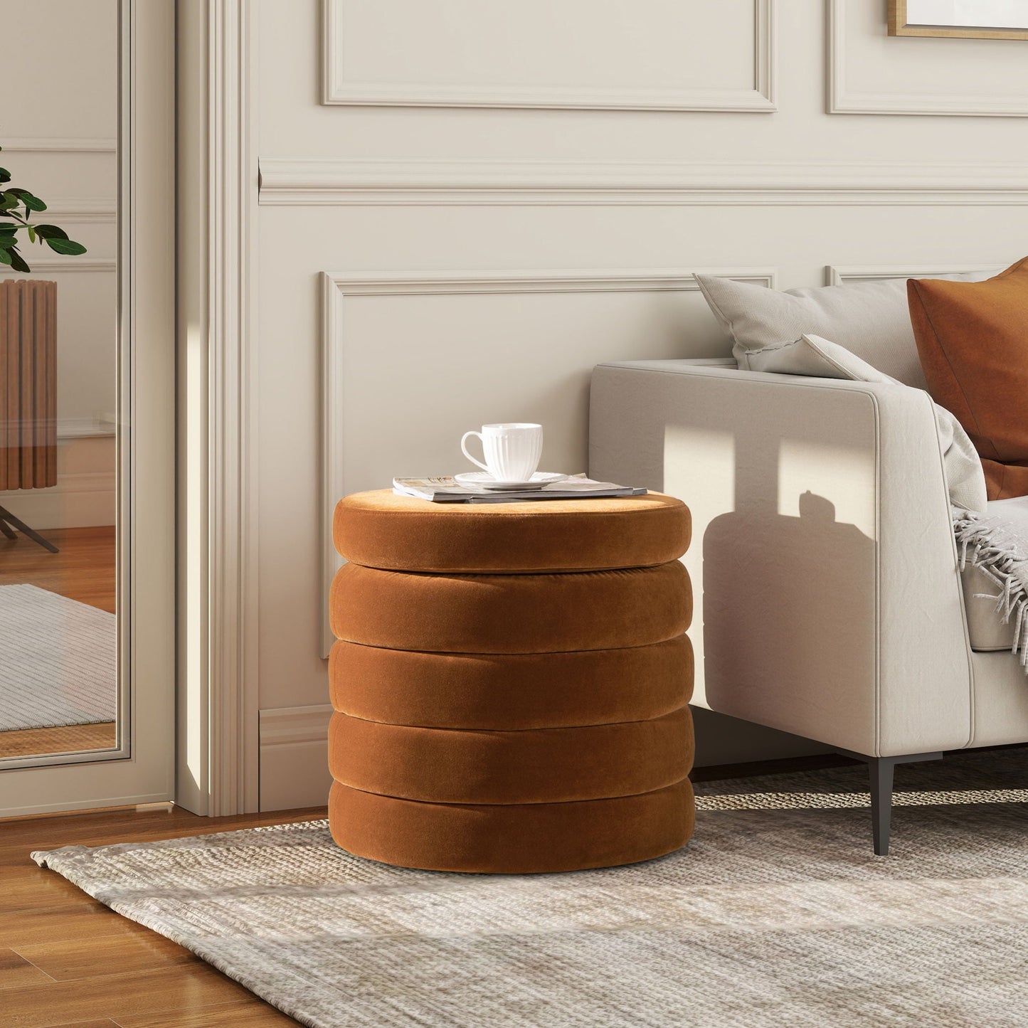 Fuji storage ottoman burnt orange velvet by HouseOfZazla, stacked round cushions in living room on Tampa Home & Garden Store