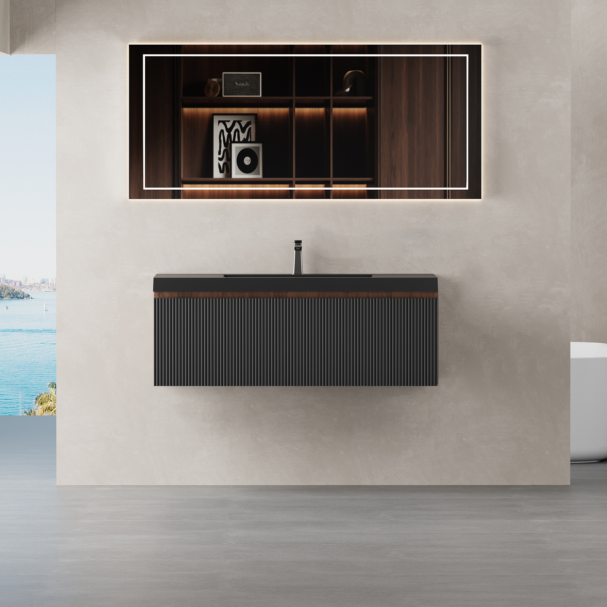 42-inch floating vanity with sink and striped cabinet in dark wood, wall-mounted on Tampa Home & Garden Store