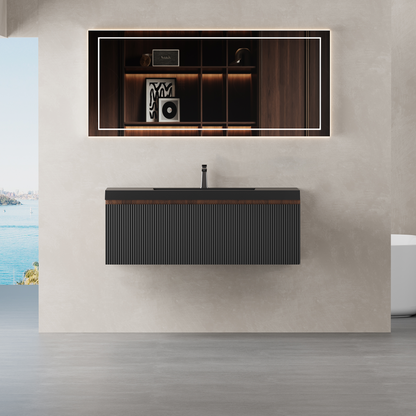 42-inch floating vanity with sink and striped cabinet in dark wood, wall-mounted on Tampa Home & Garden Store