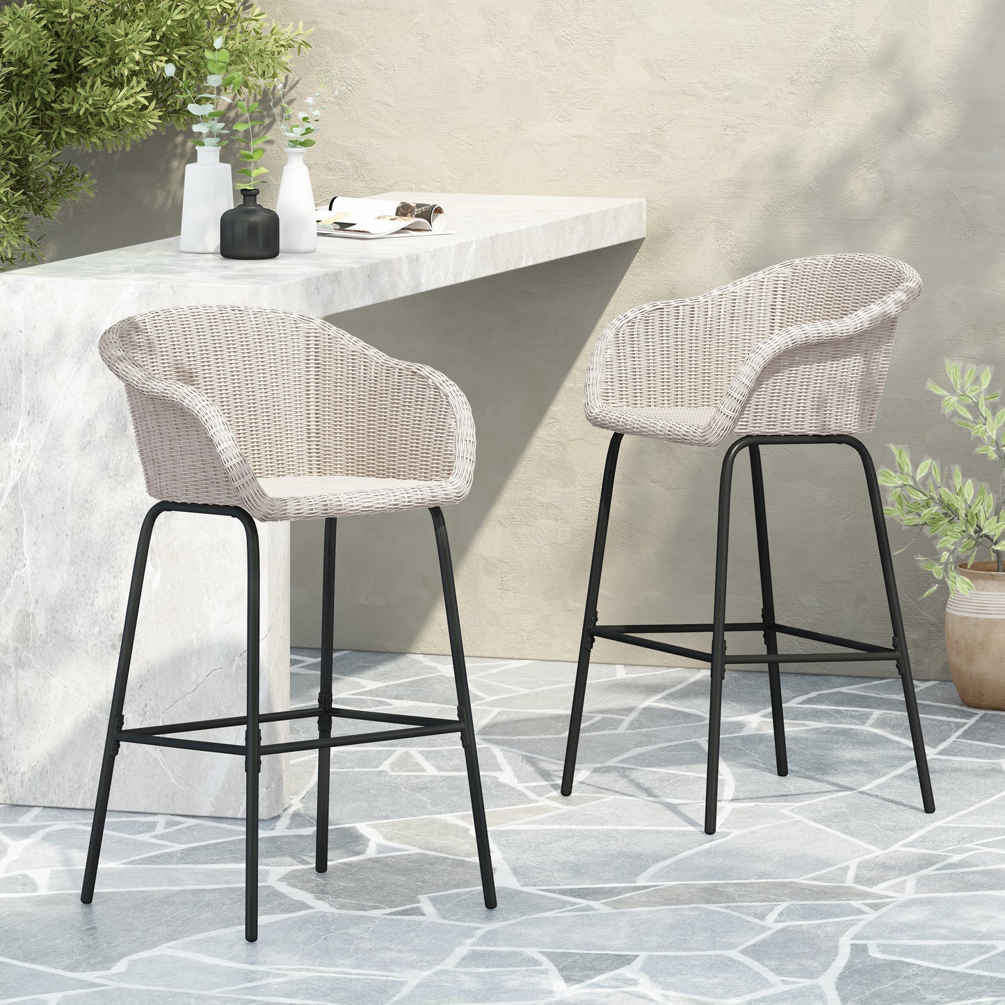 Ladd Outdoor Metal Wicker Barstools set of 2, light gray with black metal legs by HouseOfZazla on Tampa Home & Garden Store