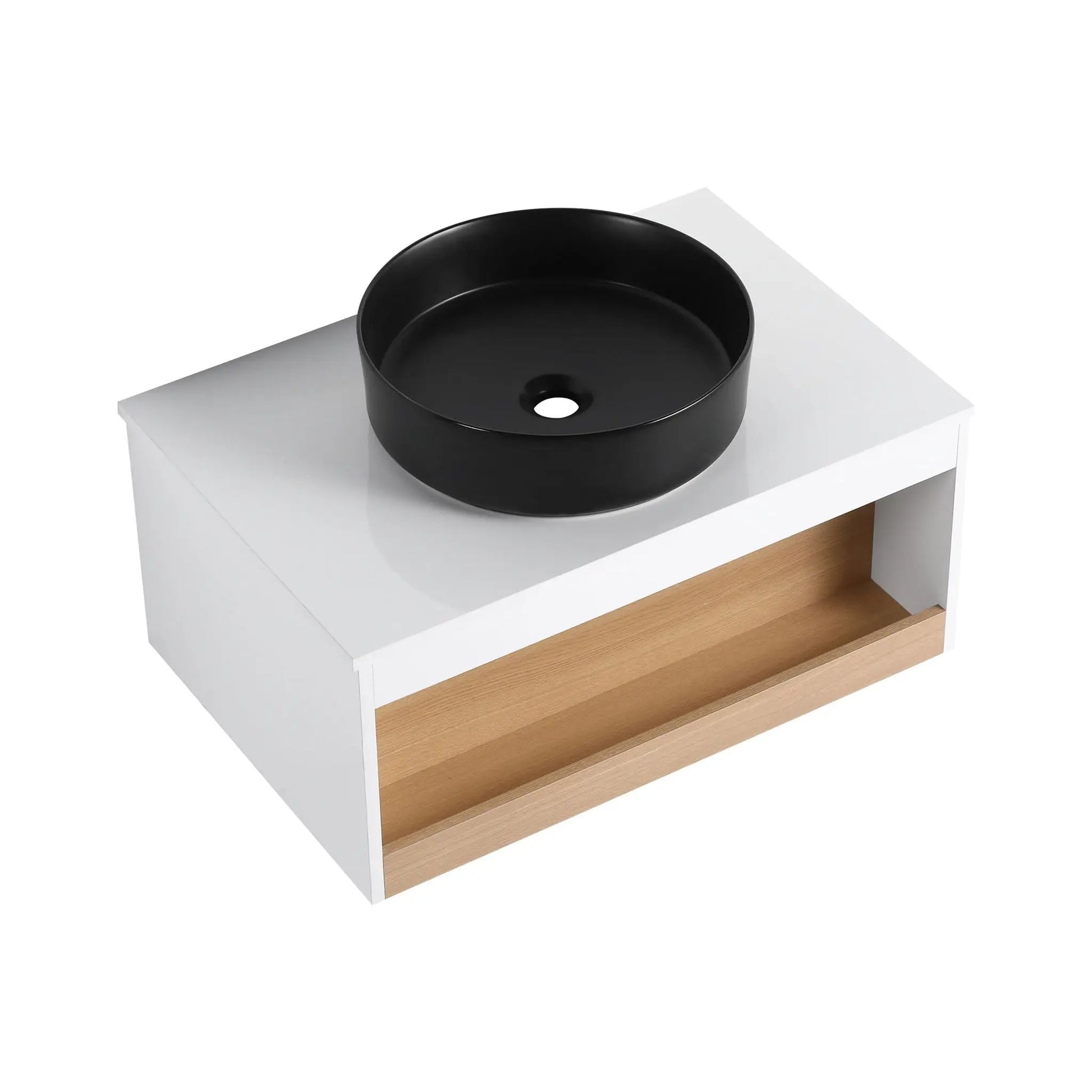 Floating bathroom vanity with glossy black round vessel sink on white cabinet with wood shelves on Tampa Home & Garden Store