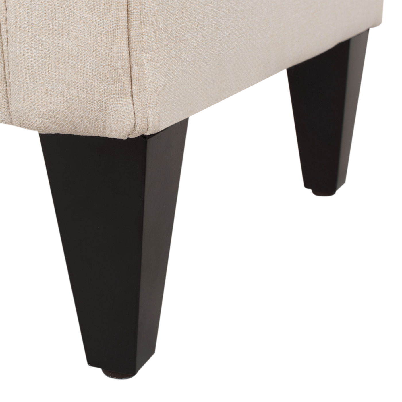 Jacqueline storage bench beige fabric with dark tapered wood legs on Tampa Home & Garden Store