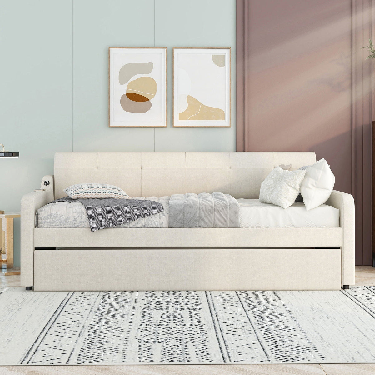 Upholstered daybed with trundle and USB charging in beige fabric by HouseOfZazla on Tampa Home & Garden Store