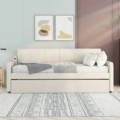 Upholstered daybed with trundle and USB charging in beige fabric by HouseOfZazla on Tampa Home & Garden Store