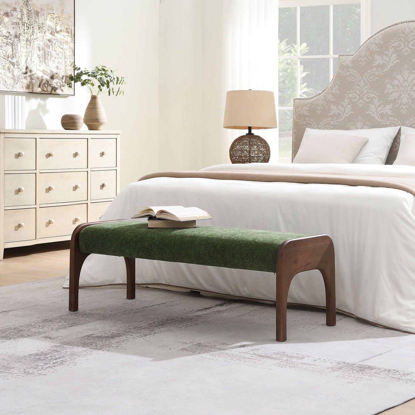 Modern Upholstered Long Bench in green fabric with dark wood legs at bed foot in a room on Tampa Home & Garden Store