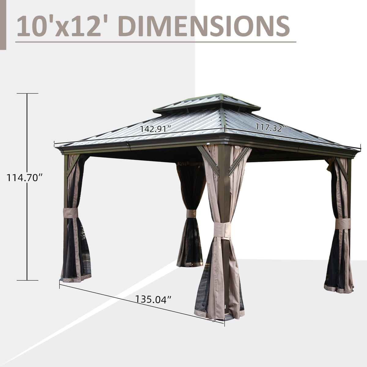Gazebo 10x12 brown hardtop with double roof by HouseOfZazla with beige curtains on Tampa Home & Garden Store