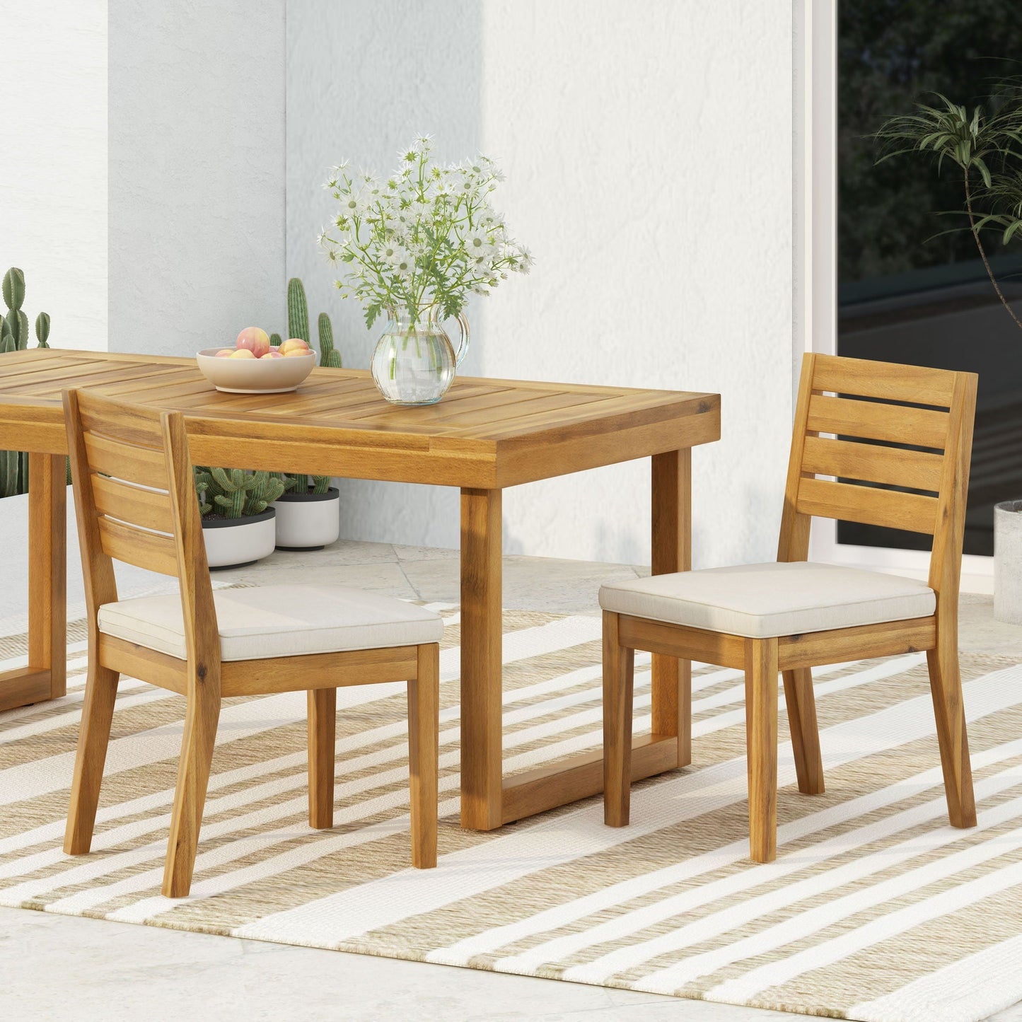 Outdoor armless dining chair with cushions by HouseOfZazla, wooden frame, cream cushions, set of 4 on Tampa Home & Garden Store