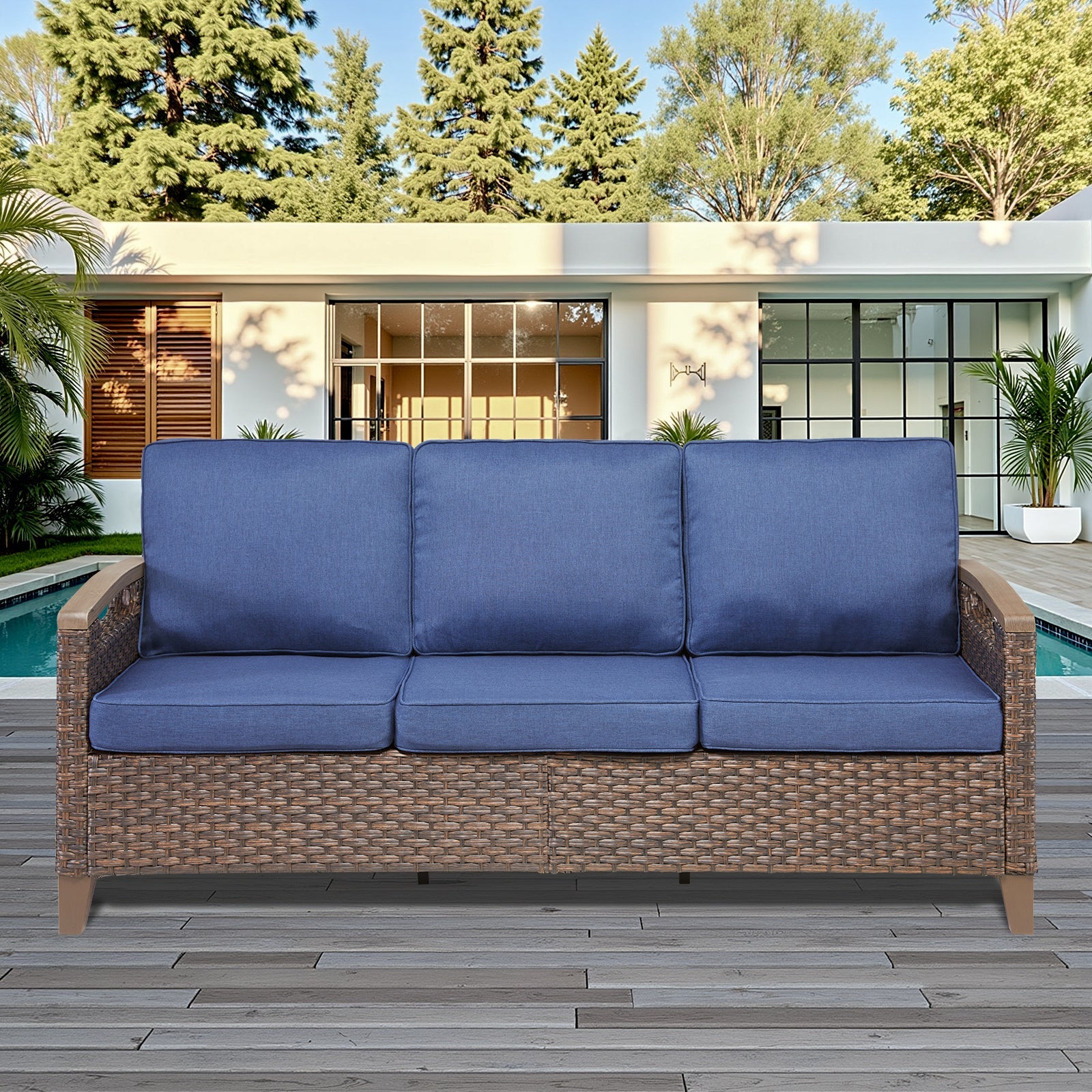 73.6in Wide Outdoor Wicker Patio Sofa with blue cushions and wicker frame by HouseOfZazla on Tampa Home & Garden Store