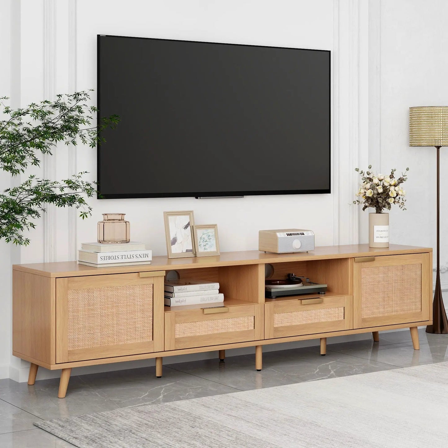 Rattan and Solid Wood TV Stand With Cable