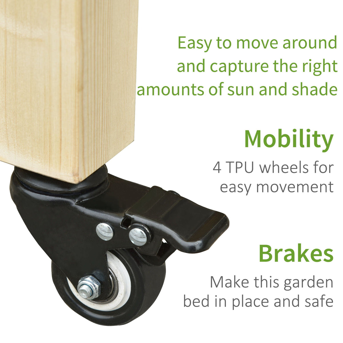 Raised garden bed wheel assembly with natural wood leg and black metal caster on Tampa Home & Garden Store