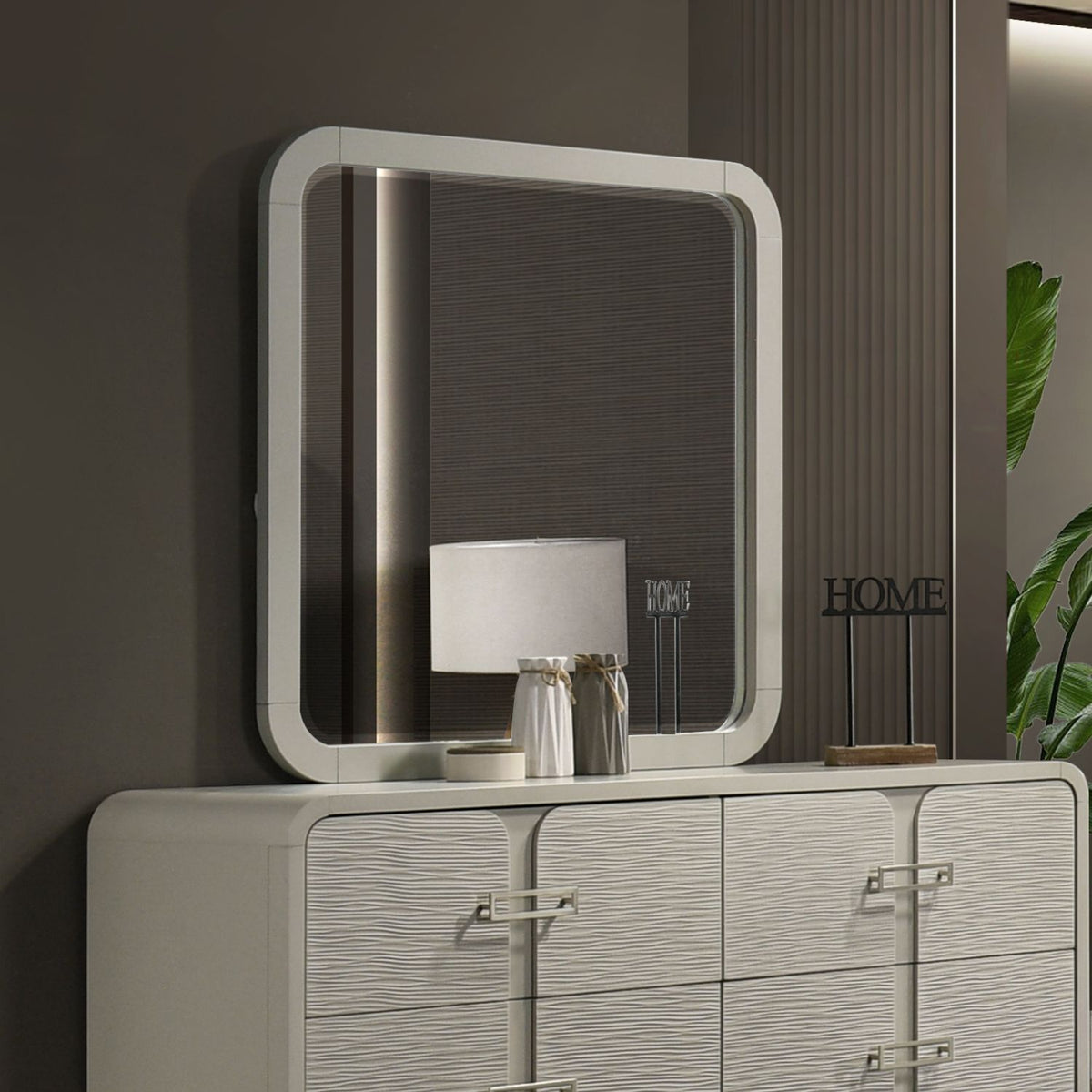 Beige rectangular wall mirror with rounded corners, minimalist, HouseOfZazla, above console on Tampa Home & Garden Store