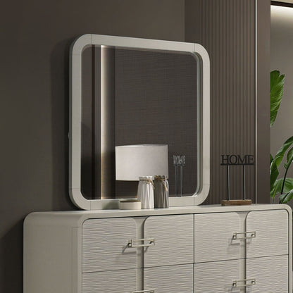 Beige rectangular wall mirror with rounded corners, minimalist, HouseOfZazla, above console on Tampa Home & Garden Store
