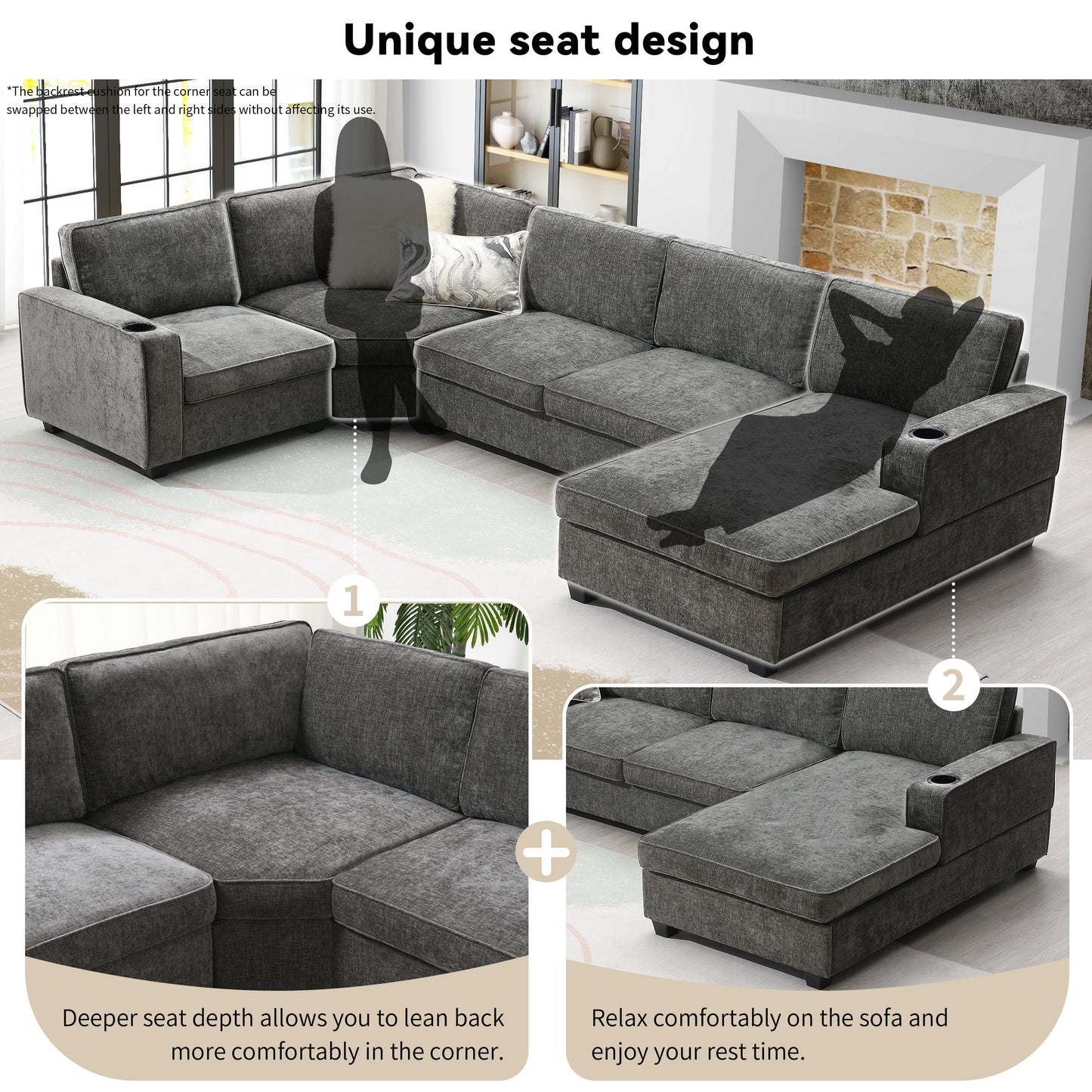 117.5in U-shaped sectional sofa by HouseOfZazla in gray fabric with chaise and cup holder arm on Tampa Home & Garden Store