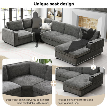 117.5in U-shaped sectional sofa by HouseOfZazla in gray fabric with chaise and cup holder arm on Tampa Home & Garden Store