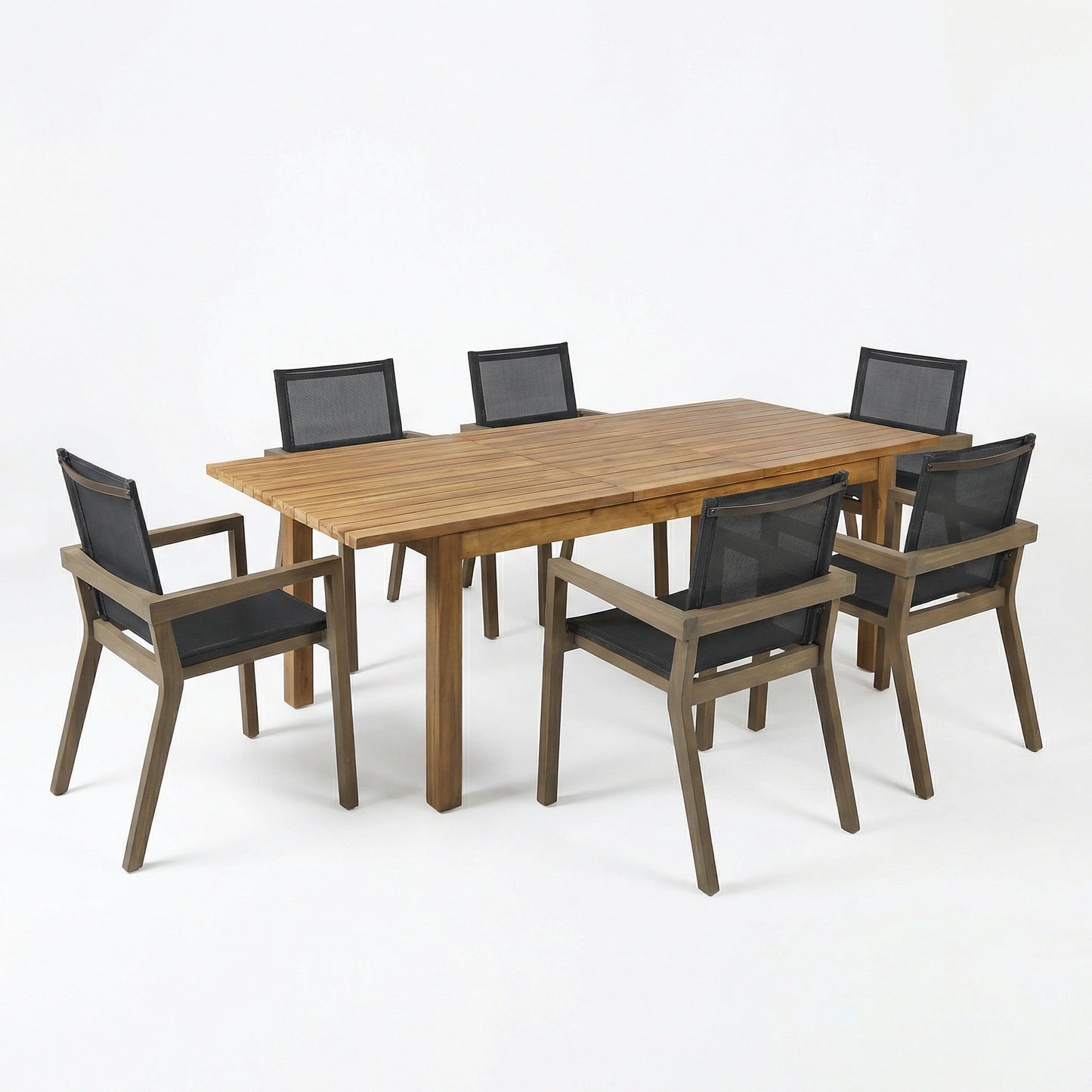 7-piece acacia wood outdoor dining set with natural finish and black mesh chairs on Tampa Home & Garden Store