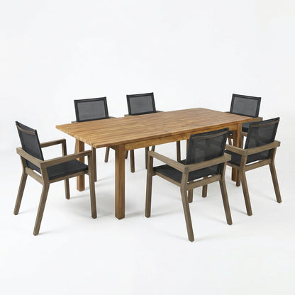 7-piece acacia wood outdoor dining set with natural finish and black mesh chairs on Tampa Home & Garden Store