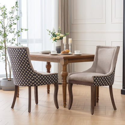 Ultra Side Dining Chair Set with solid wood legs, two beige chairs with navy backs on Tampa Home & Garden Store