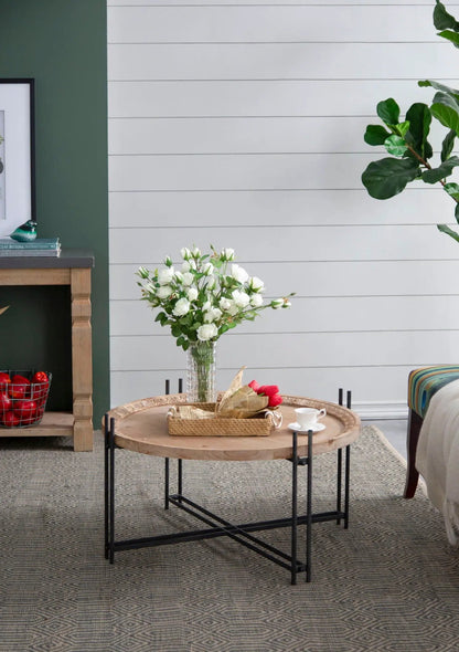 Farmhouse Round Wood Coffee Table with Metal Legs