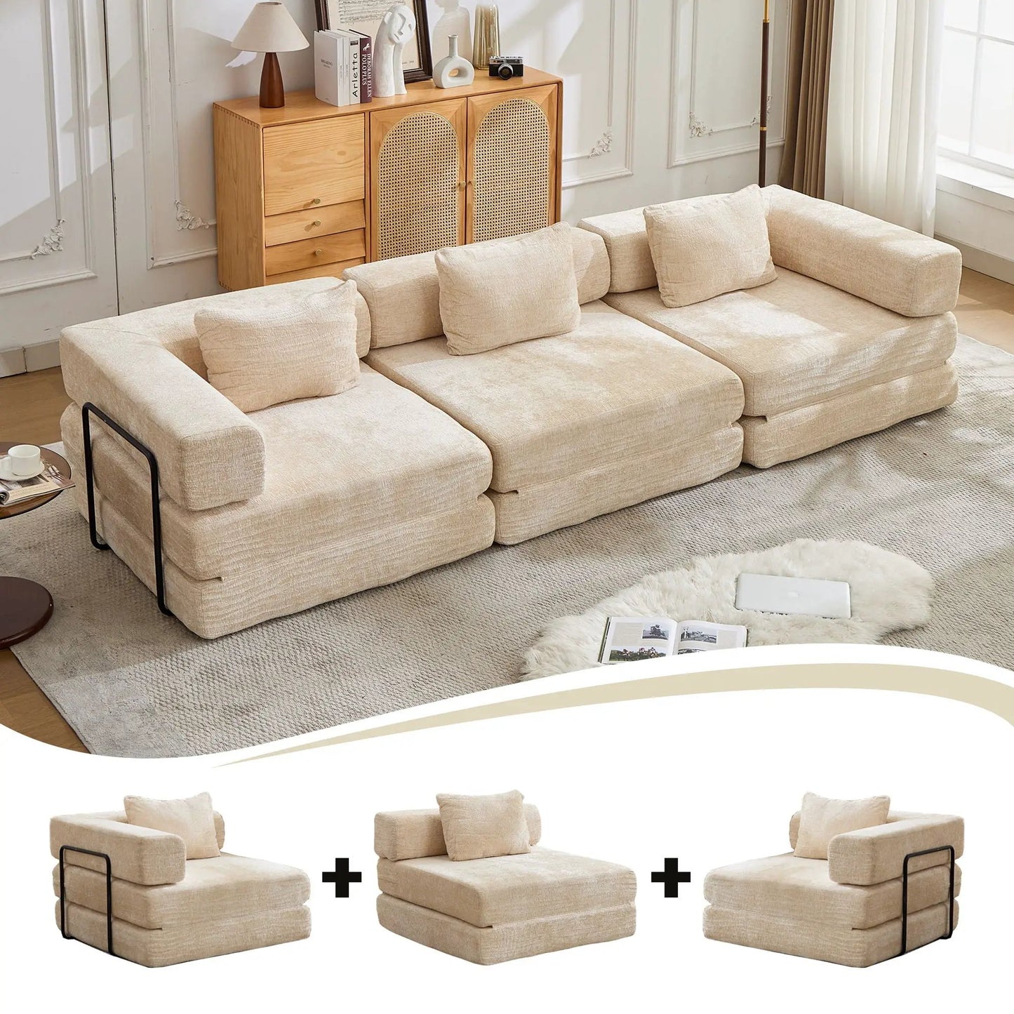 Beige convertible floor sofa bed futon boneless modular sectional in three sections on Tampa Home & Garden Store