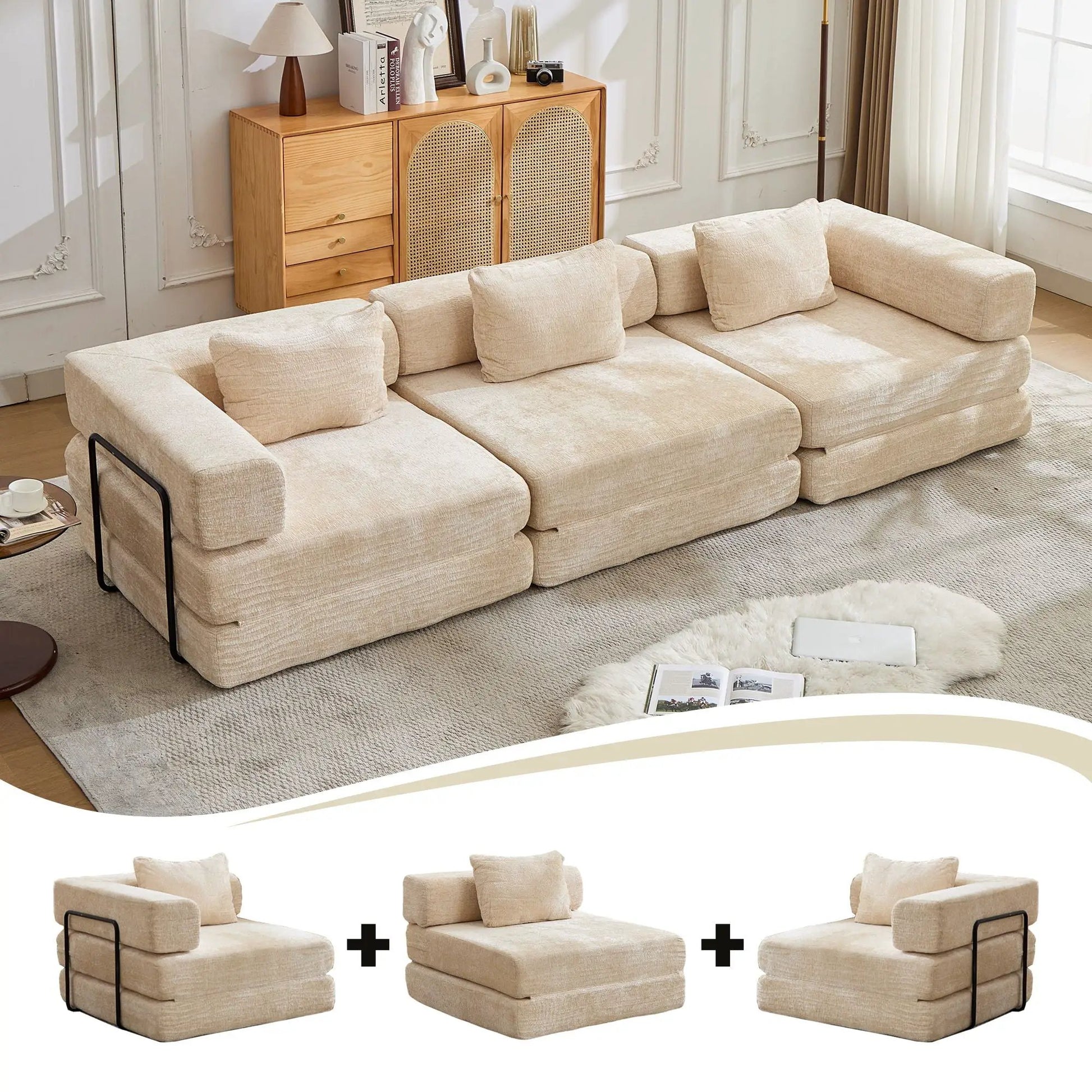 Beige convertible floor sofa bed futon boneless modular sectional in three sections on Tampa Home & Garden Store