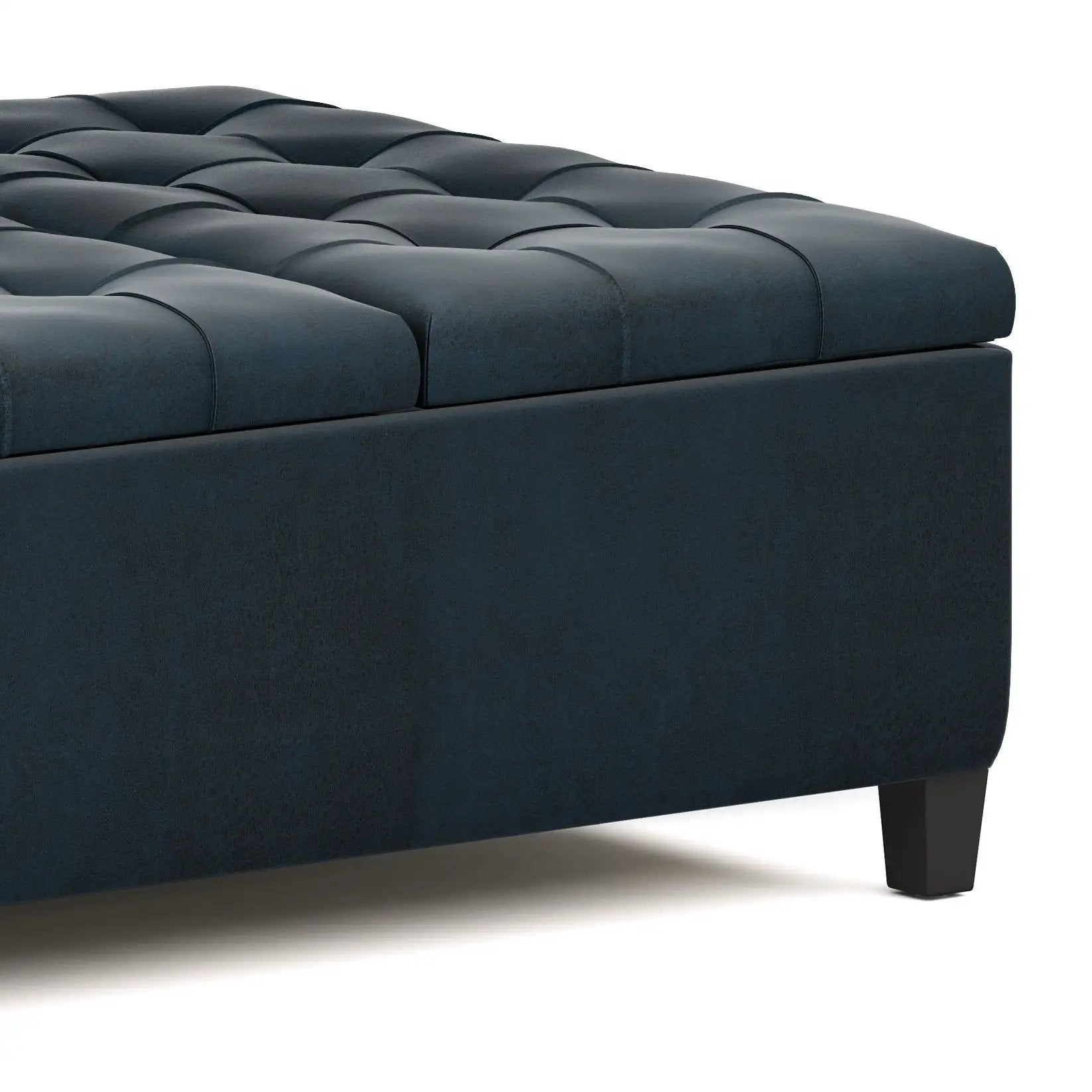 Unique Piece Furniture Harrison Large Coffee Table Storage Ottoman in navy blue tufted leather on Tampa Home & Garden Store