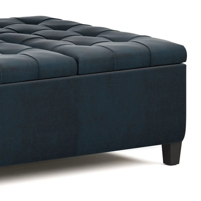 Unique Piece Furniture Harrison Large Coffee Table Storage Ottoman in navy blue tufted leather on Tampa Home & Garden Store