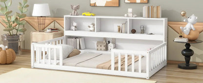 Floor Bed with Bedside Bookcase and Guardrails