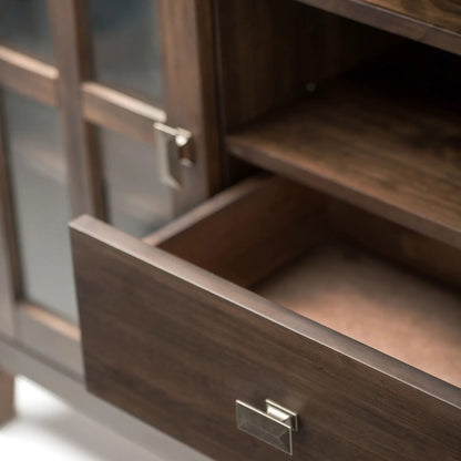 Artisan tall TV media stand natural aged brown wood finish with glass-front doors on Tampa Home & Garden Store