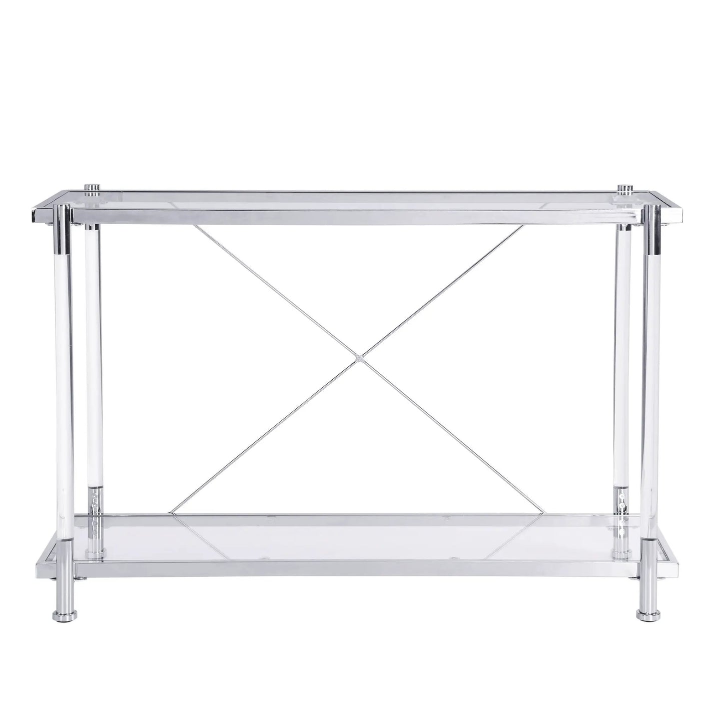 Chrome glass sofa table with clear top and lower shelf, chrome frame with diagonal crossbars on Tampa Home & Garden Store